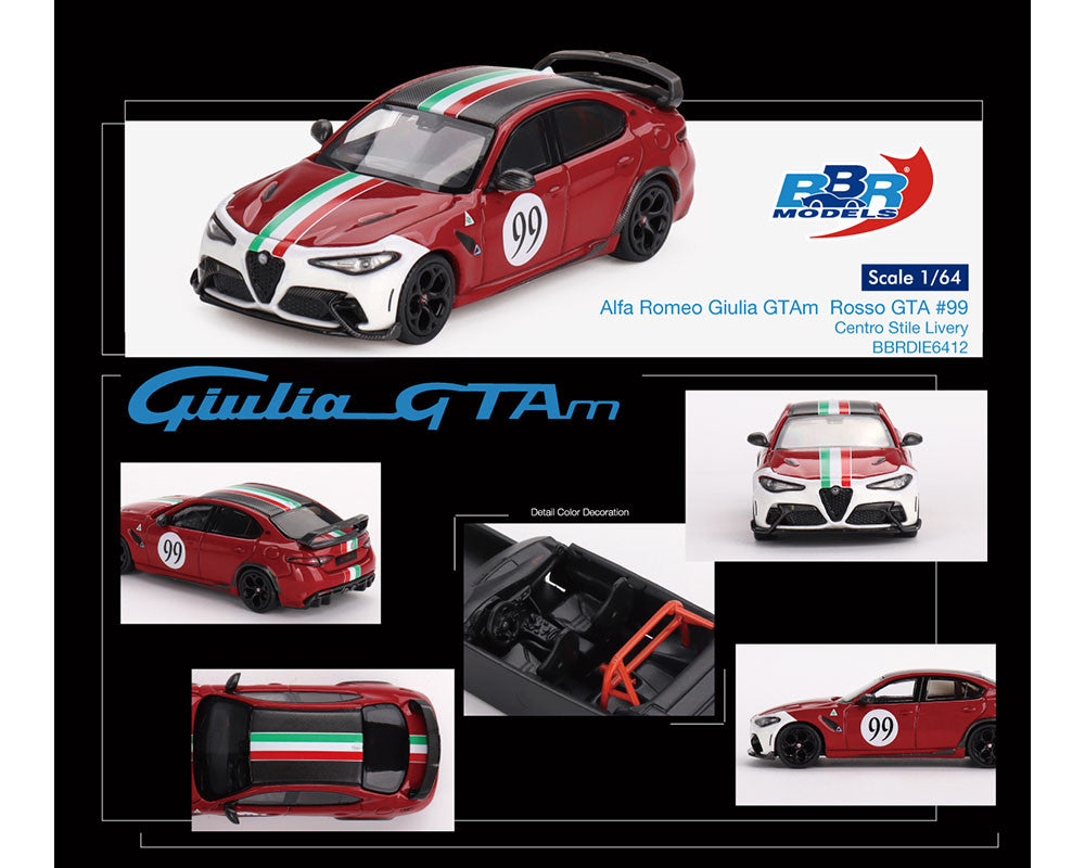 Alfa Romeo Giulia GTAm #99 Rosso GTA Red with Carbon Top and Stripes "Centro Stile" Livery 1/64 Diecast Model Car by BBR-1