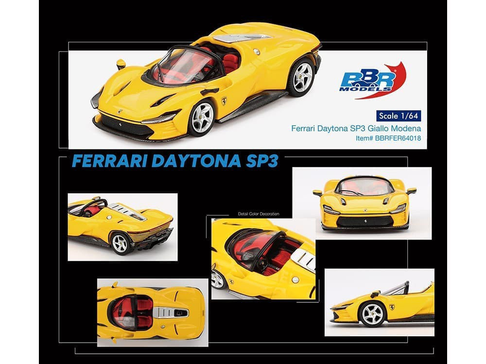 Ferrari Daytona SP3 Giallo Modena Yellow with Red Interior 1/64 Diecast Model Car by BBR-2