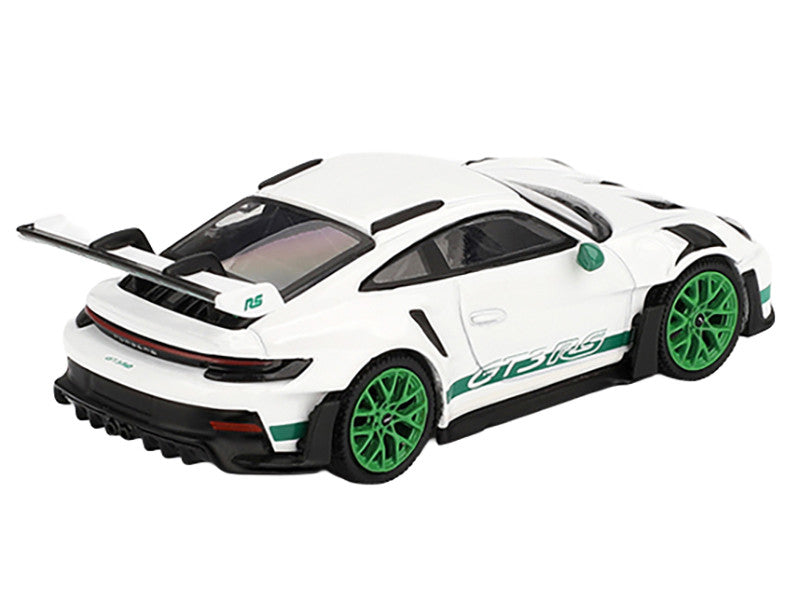 Porsche 911 (992) GT3 RS White with Green Stripes and Wheels "Tribute to Carrera RS Package" Limited Edition 1/64 Diecast Model Car by Mini GT-1