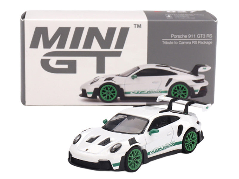 Porsche 911 (992) GT3 RS White with Green Stripes and Wheels "Tribute to Carrera RS Package" Limited Edition 1/64 Diecast Model Car by Mini GT-0