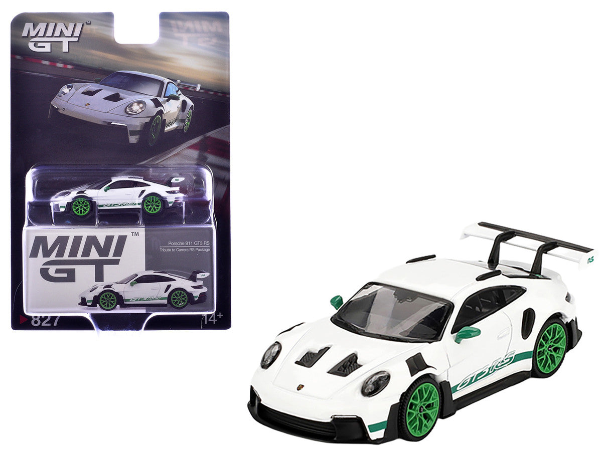 Porsche 911 (992) GT3 RS White with Green Stripes and Wheels "Tribute to Carrera RS Package" Limited Edition 1/64 Diecast Model Car by Mini GT-3