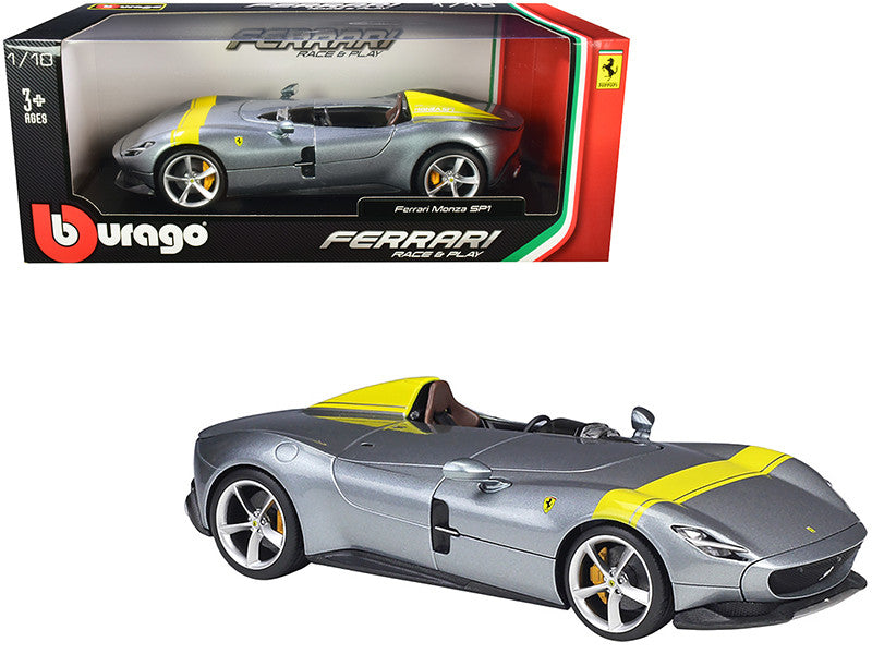 Ferrari Monza SP1 Silver Metallic with Yellow Stripes 1/18 Diecast Model Car by Bburago-0