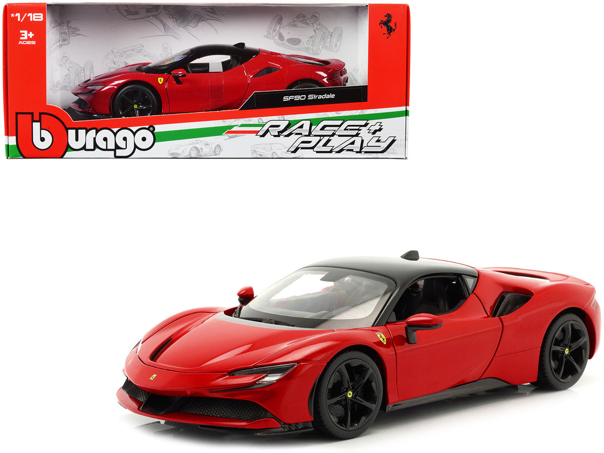 Ferrari SF90 Stradale Red with Black Top "Race + Play" Series 1/18 Diecast Model Car by Bburago-0