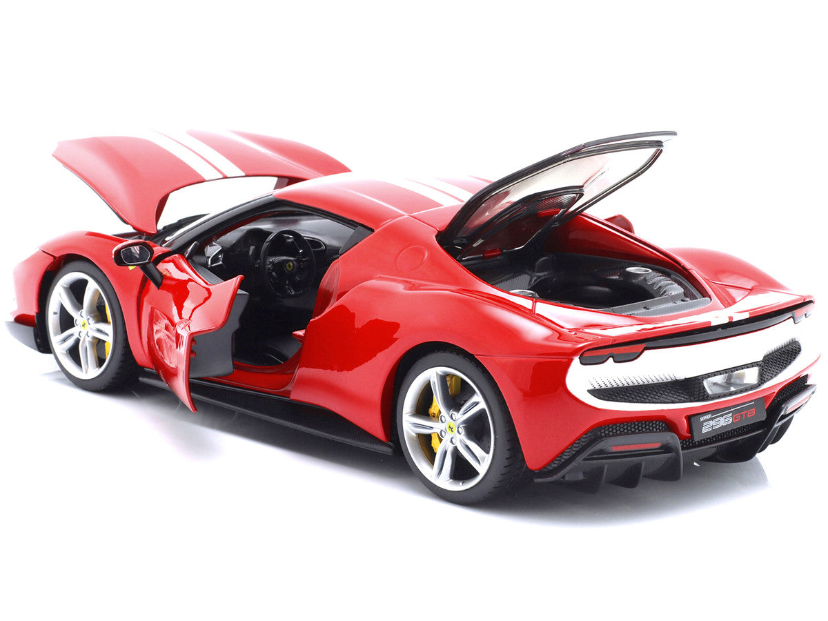 Ferrari 296 GTB Assetto Fiorano Red with White Stripes "Race + Play" Series 1/18 Diecast Model Car by Bburago-1