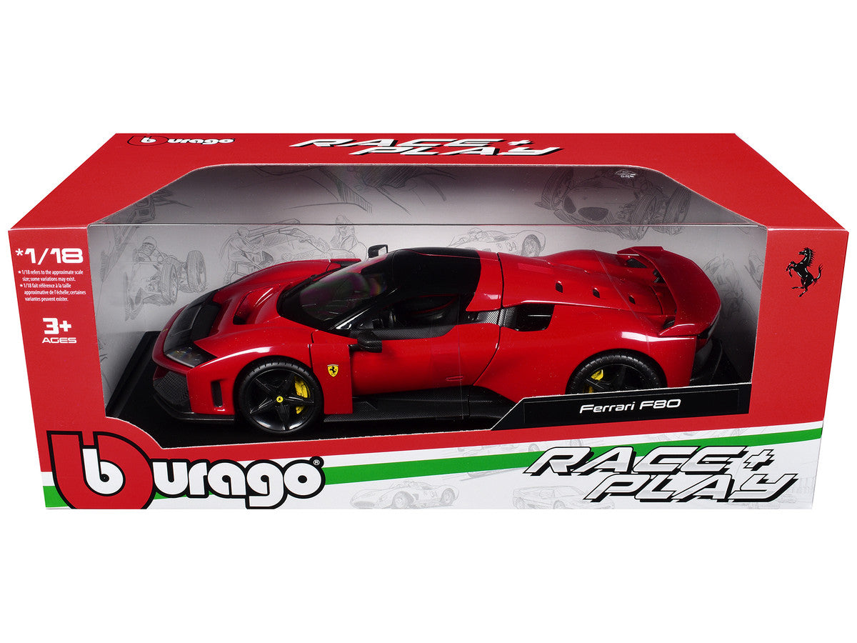 Ferrari F80 Red with Black Top "Race + Play" Series 1/18 Diecast Model Car by Bburago-2