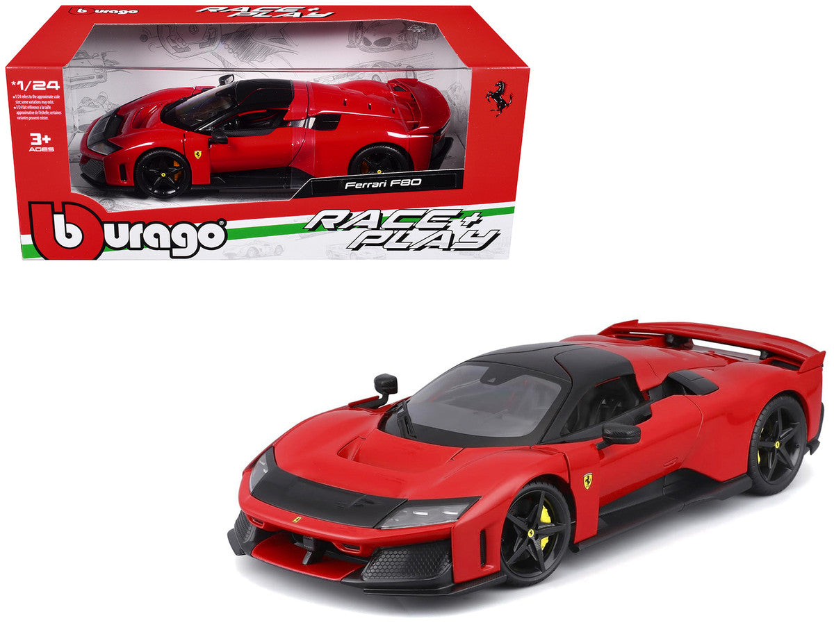Ferrari F80 Red with Black Top "Race + Play" Series 1/24 Diecast Model Car by Bburago