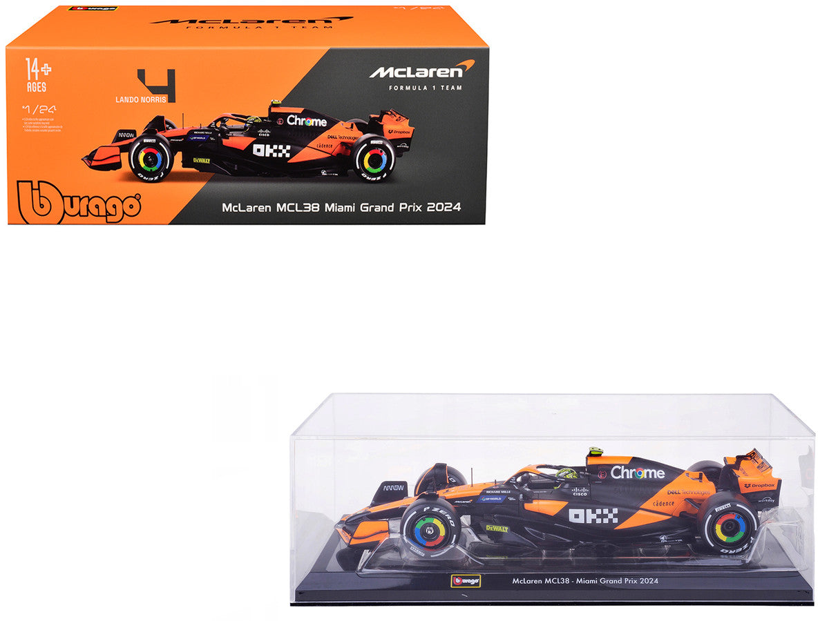 McLaren MCL38 #4 Lando Norris "OKX" Winner Formula One F1 "Miami GP" (2024) with Display Case 1/24 Diecast Model Car by Bburago-3