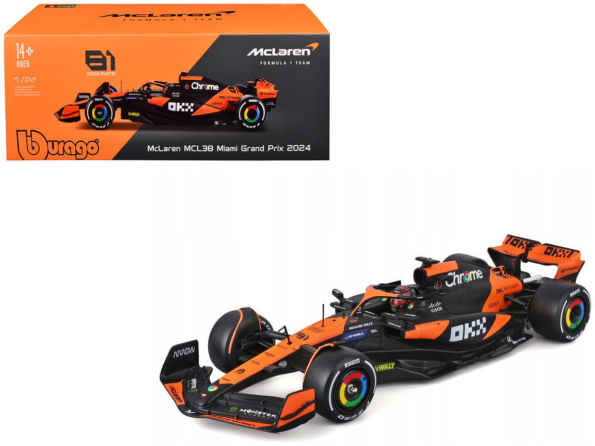 McLaren MCL38 #81 Oscar Piastri "OKX" Formula One F1 "Miami GP" (2024) with Display Case 1/24 Diecast Model Car by Bburago-4