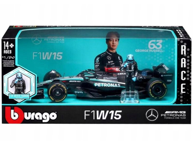 Mercedes-AMG F1 W15 E Performance #63 George Russell "Petronas" Formula One F1 Championship World Championship (2024) with Driver Figure 1/24 Diecast Model Car by Bburago-0