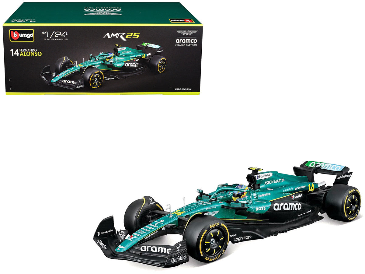 Aston Martin AMR25 #14 Fernando Alonso "Aramco" Formula One F1 "World Championship" (2025) 1/24 Diecast Model Car by Bburago-3
