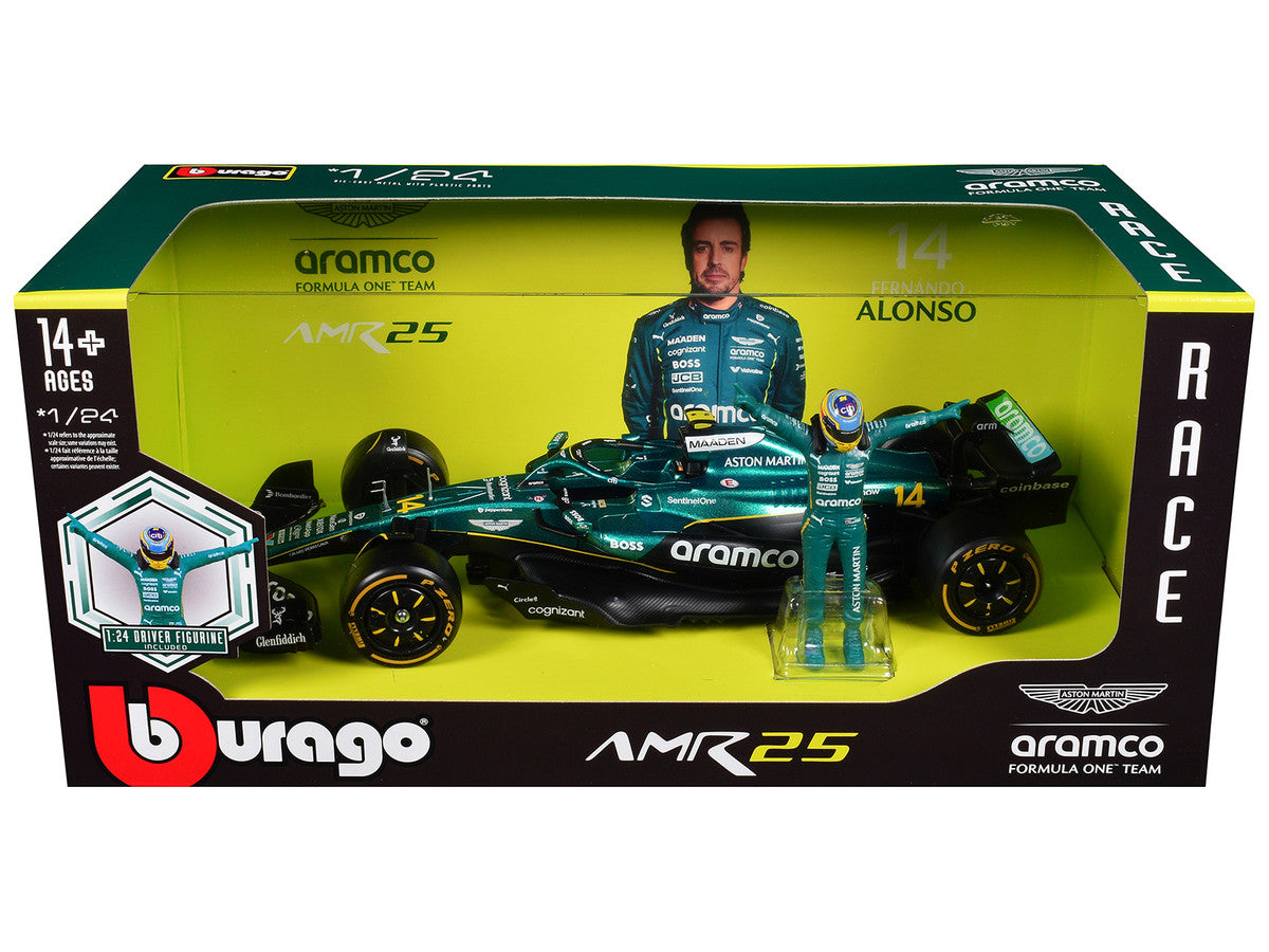 Aston Martin AMR25 #14 Fernando Alonso "Aramco" Formula One F1 "World Championship" (2025) with Driver Figure 1/24 Diecast Model Car by Bburago-0