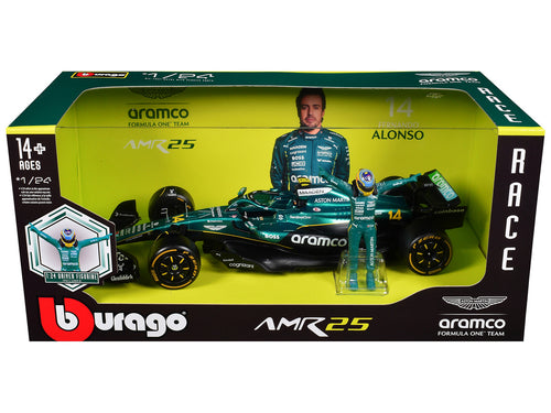 Aston Martin AMR25 #14 Fernando Alonso "Aramco" Formula One F1 "World Championship" (2025) with Driver Figure 1/24 Diecast Model Car by Bburago-0