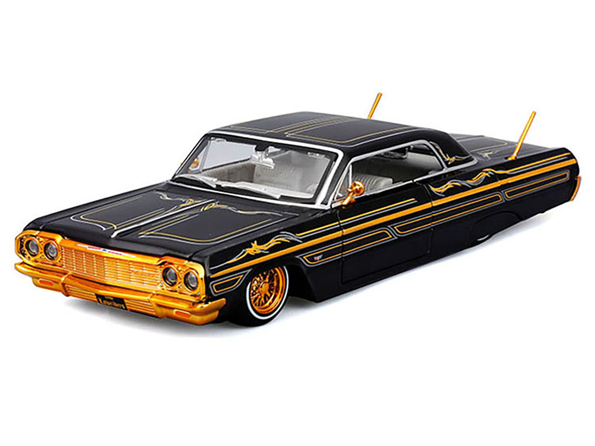 1964 Chevrolet Impala SS Lowrider Black Metallic with Gold Graphics and Gray Interior "Lowriders" "Maisto Design" Series 1/26 Diecast Model Car by Maisto-1