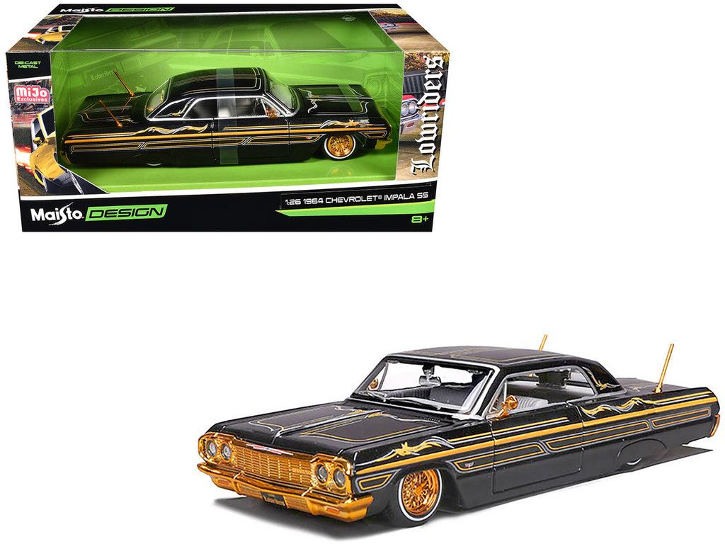 1964 Chevrolet Impala SS Lowrider Black Metallic with Gold Graphics and Gray Interior "Lowriders" "Maisto Design" Series 1/26 Diecast Model Car by Maisto-3