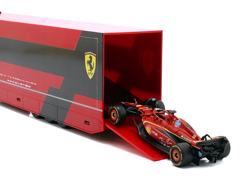 Iveco S-Way 570 Car Transporter Red and Ferrari SF-24 #16 Charles Leclerc Formula One F1 World Championship (2024) "Racing Hauler" Series 1/43 Diecast Model Car by Bburago-2