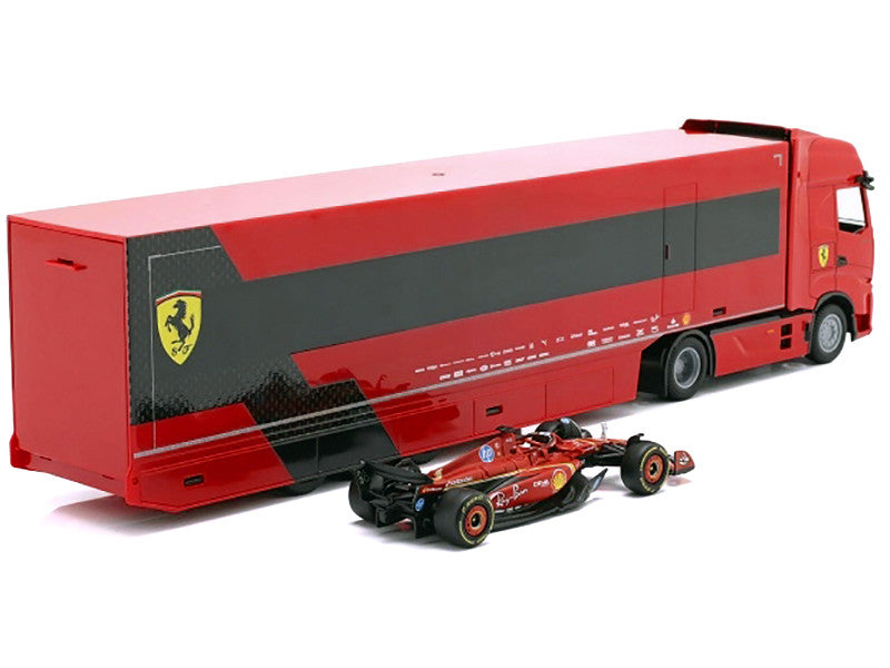 Iveco S-Way 570 Car Transporter Red and Ferrari SF-24 #16 Charles Leclerc Formula One F1 World Championship (2024) "Racing Hauler" Series 1/43 Diecast Model Car by Bburago-3