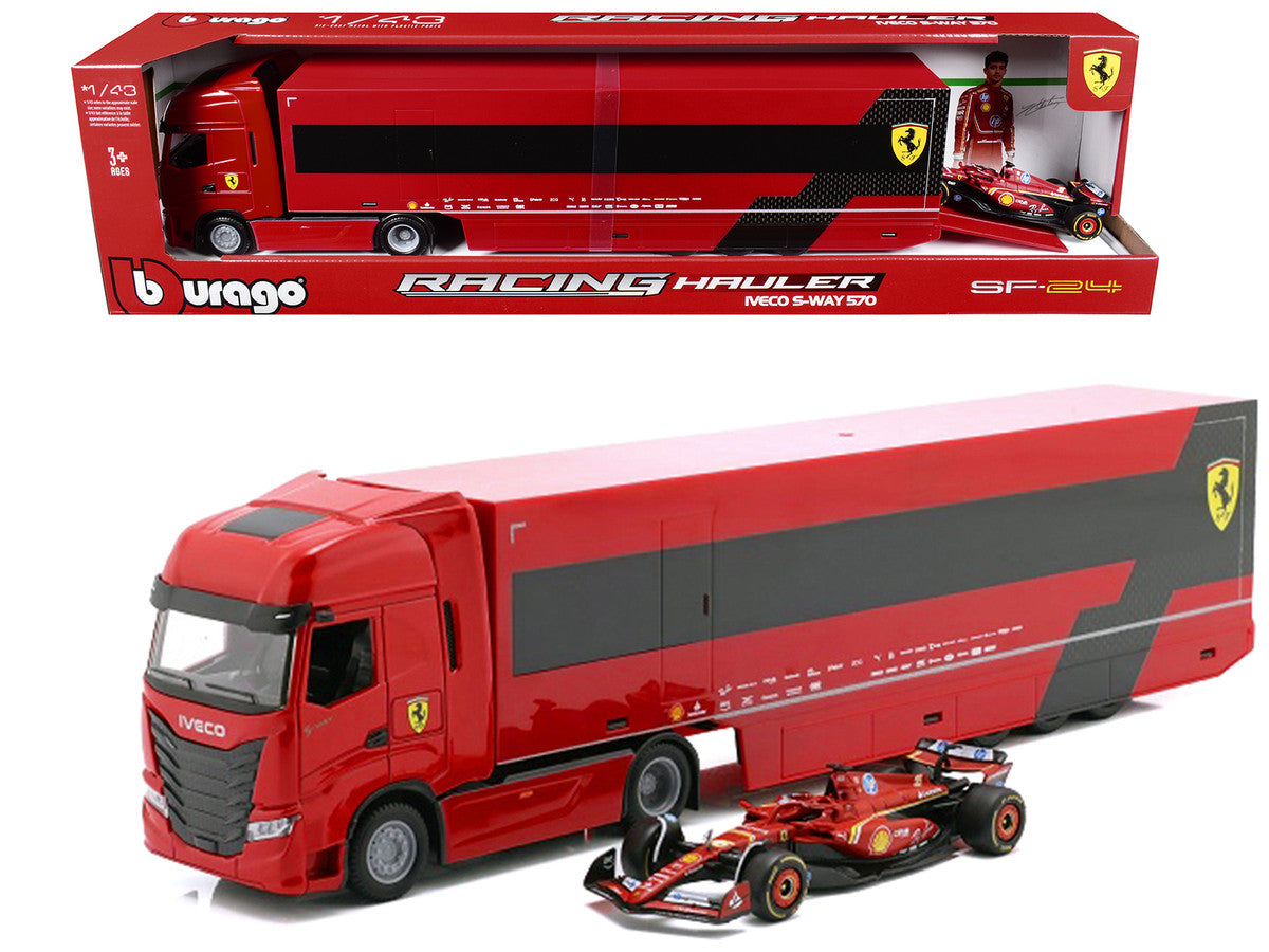 Iveco S-Way 570 Car Transporter Red and Ferrari SF-24 #16 Charles Leclerc Formula One F1 World Championship (2024) "Racing Hauler" Series 1/43 Diecast Model Car by Bburago-0