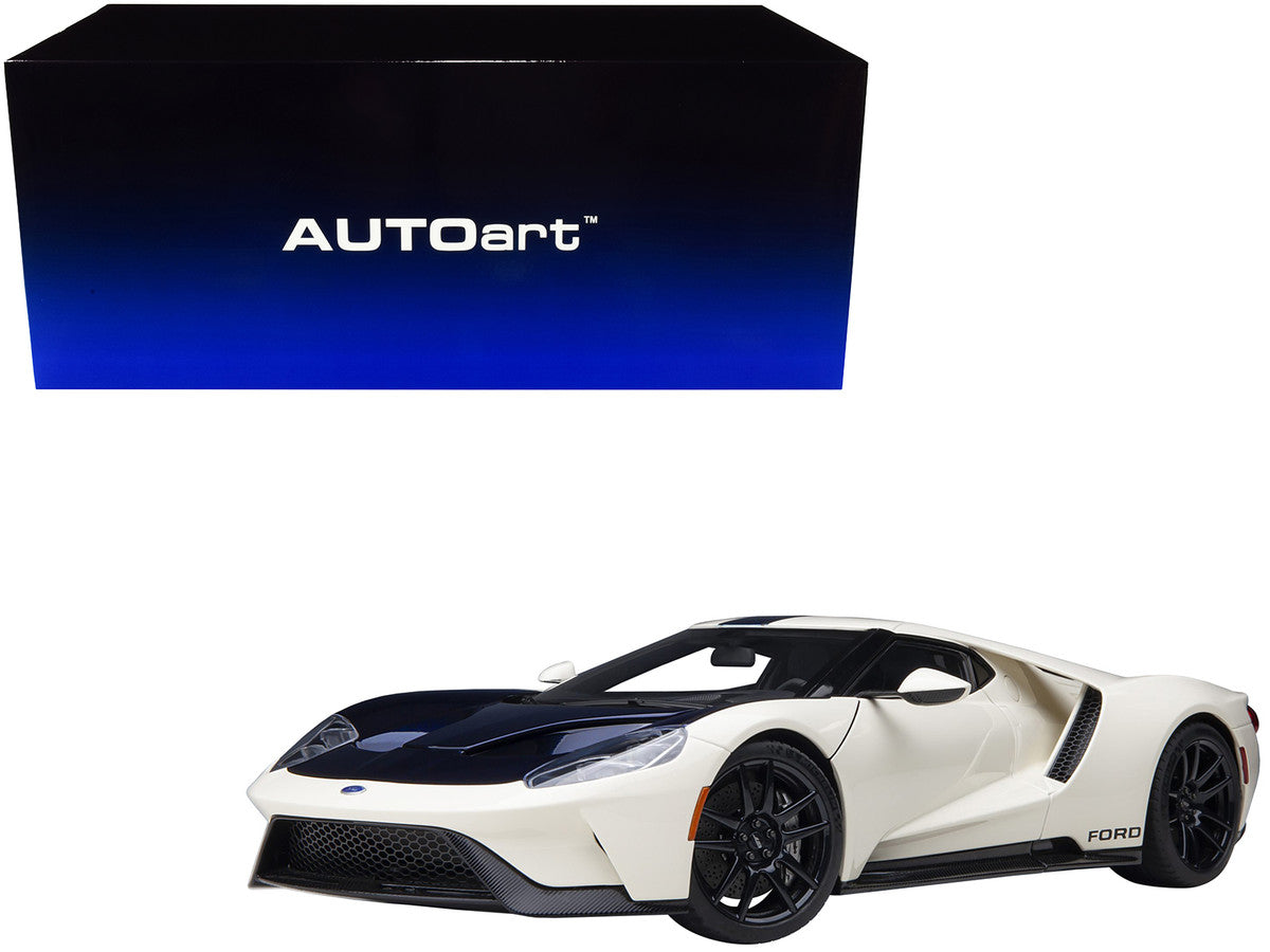 Ford GT Heritage Edition Prototype Wimbledon White with Antimatter Blue Hood and Stripe 1/18 Model Car by Autoart-0