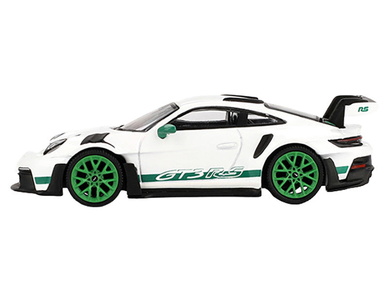 Porsche 911 (992) GT3 RS White with Green Stripes and Wheels "Tribute to Carrera RS Package" Limited Edition 1/64 Diecast Model Car by Mini GT-2