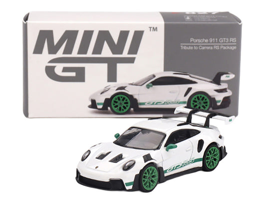 Porsche 911 (992) GT3 RS White with Green Stripes and Wheels "Tribute to Carrera RS Package" Limited Edition 1/64 Diecast Model Car by Mini GT-0