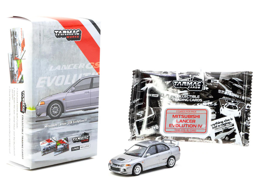 Mitsubishi Lancer Evolution IV Silver Metallic with Tarmac Cards "Global64" Series 1/64 Diecast Model by Tarmac Works-0