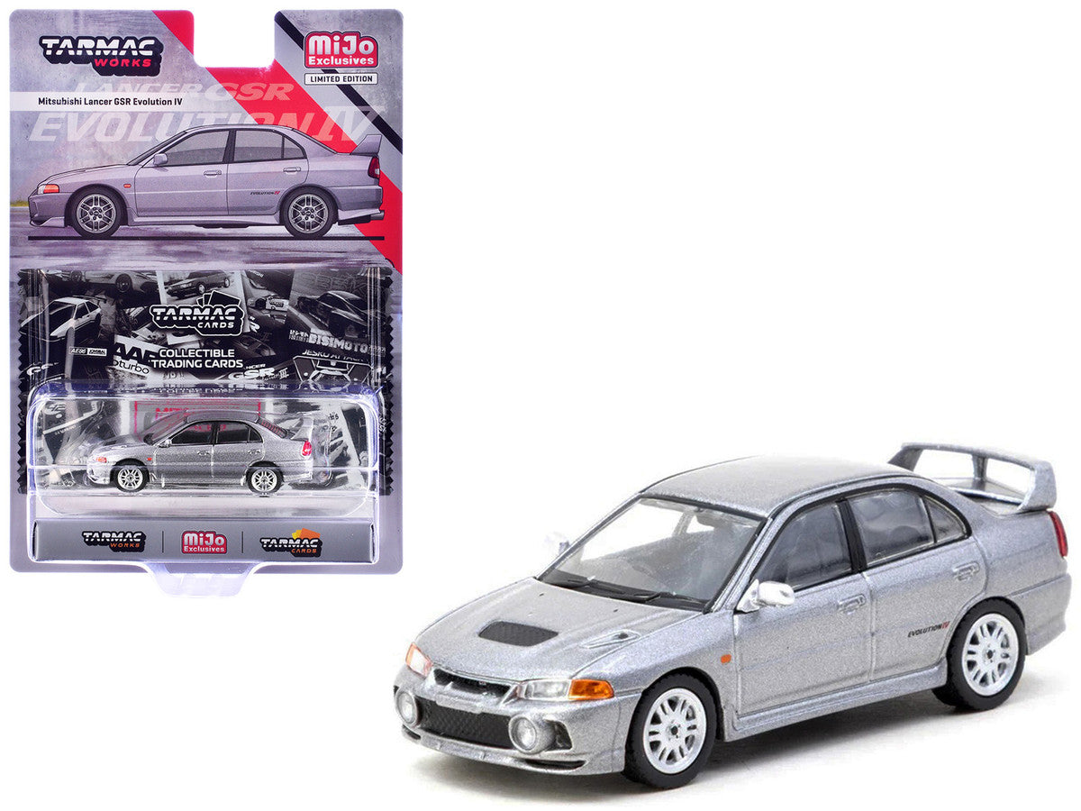 Mitsubishi Lancer Evolution IV Silver Metallic with Tarmac Cards "Global64" Series 1/64 Diecast Model by Tarmac Works-3