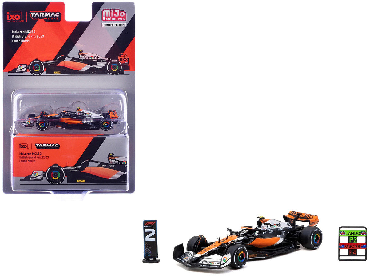 McLaren MCL60 #4 Lando Norris 2nd Place Formula One F1 "British GP" (2023) with Pitboards "Global64" Series 1/64 Diecast Model Car by Tarmac Works-0