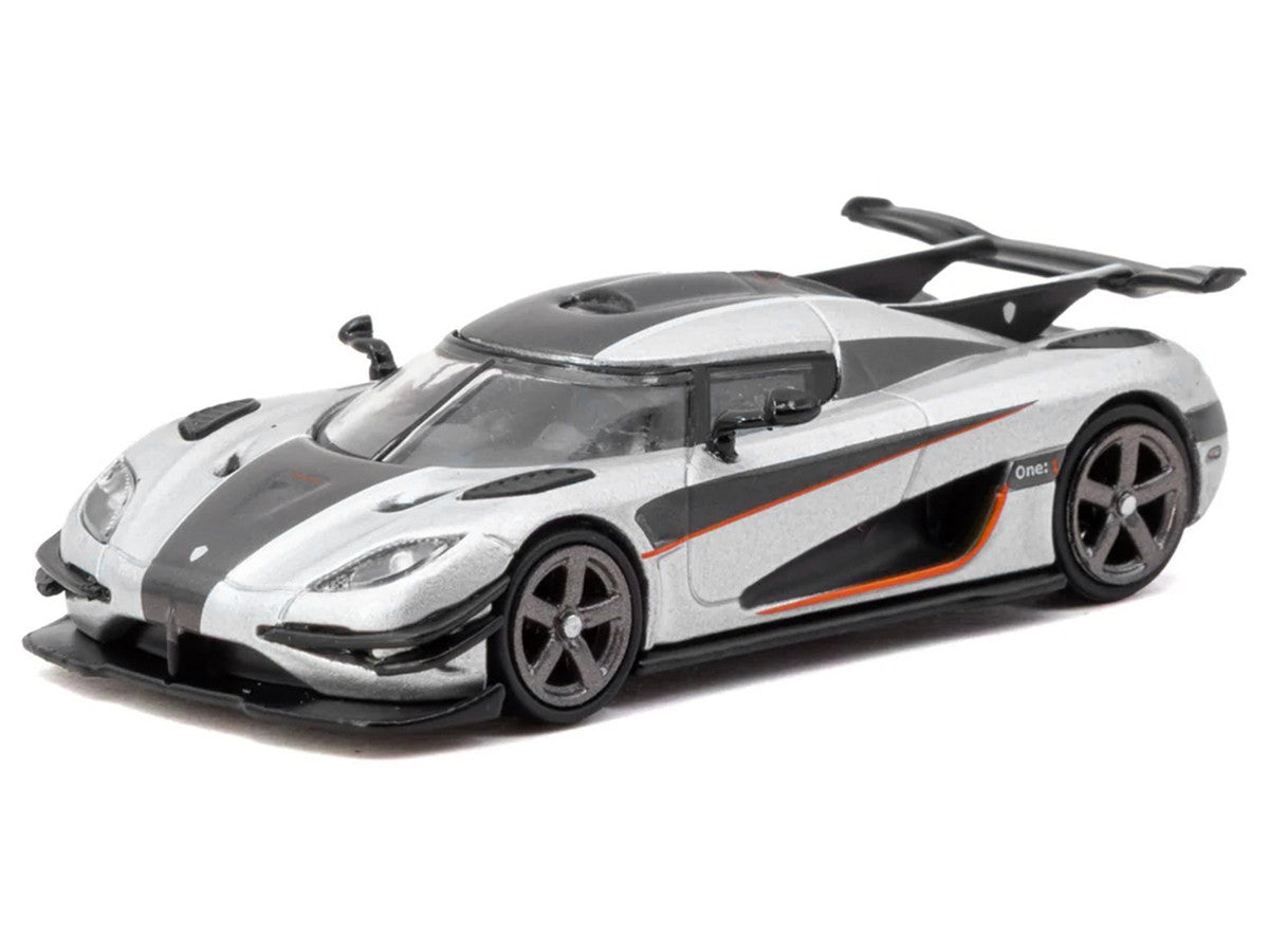 Koenigsegg One:1 Silver Metallic with Black Stripes "Global64" Series 1/64 Diecast Model Car by Tarmac Works-1