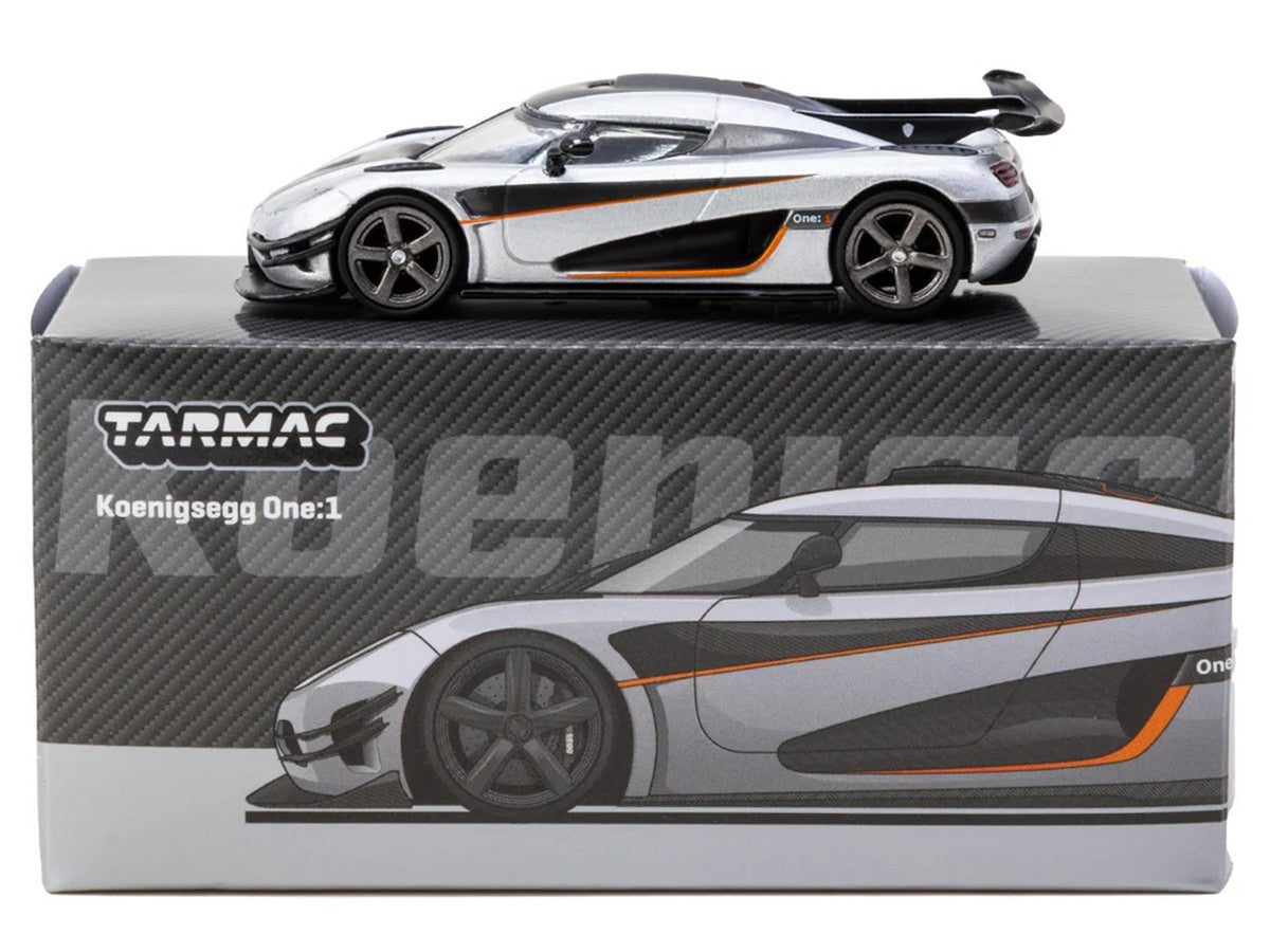 Koenigsegg One:1 Silver Metallic with Black Stripes "Global64" Series 1/64 Diecast Model Car by Tarmac Works-3