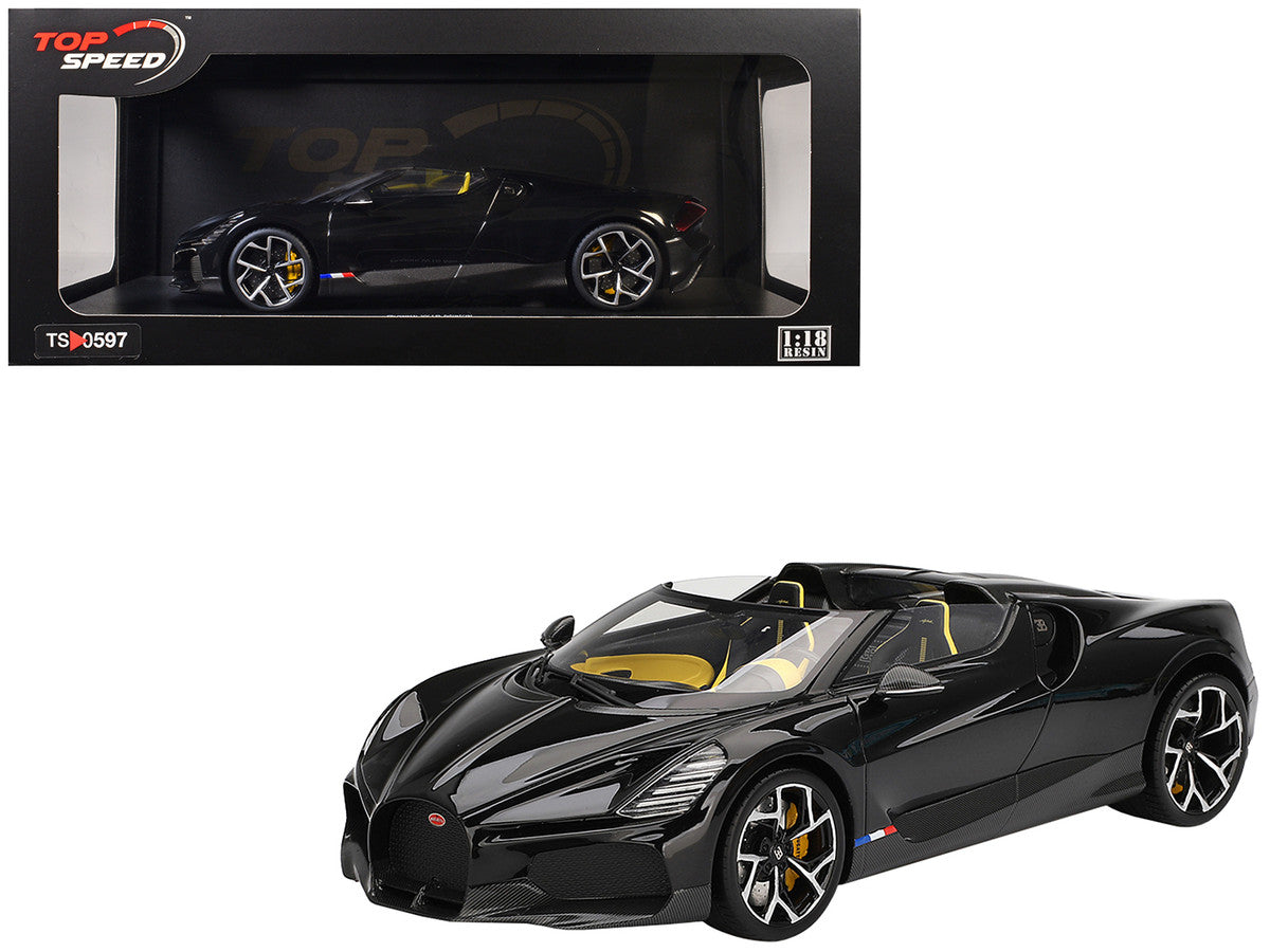 Bugatti W16 Mistral Black with Yellow Interior 1/18 Model Car by Top Speed-4