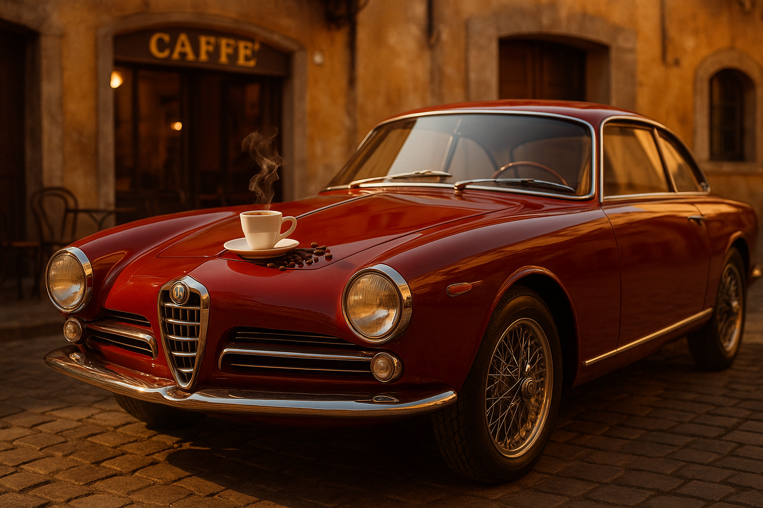 classic italian car with coffee alfa romeo