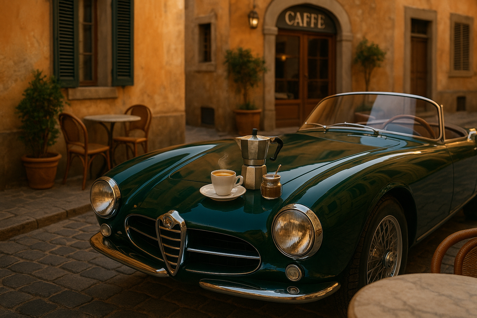 classic italian car with coffee